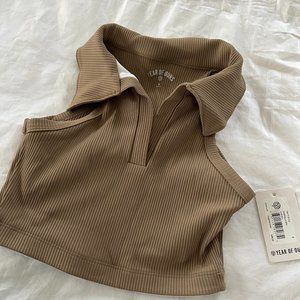 Brown ribbed/collared workout top - Year of Ours - size small